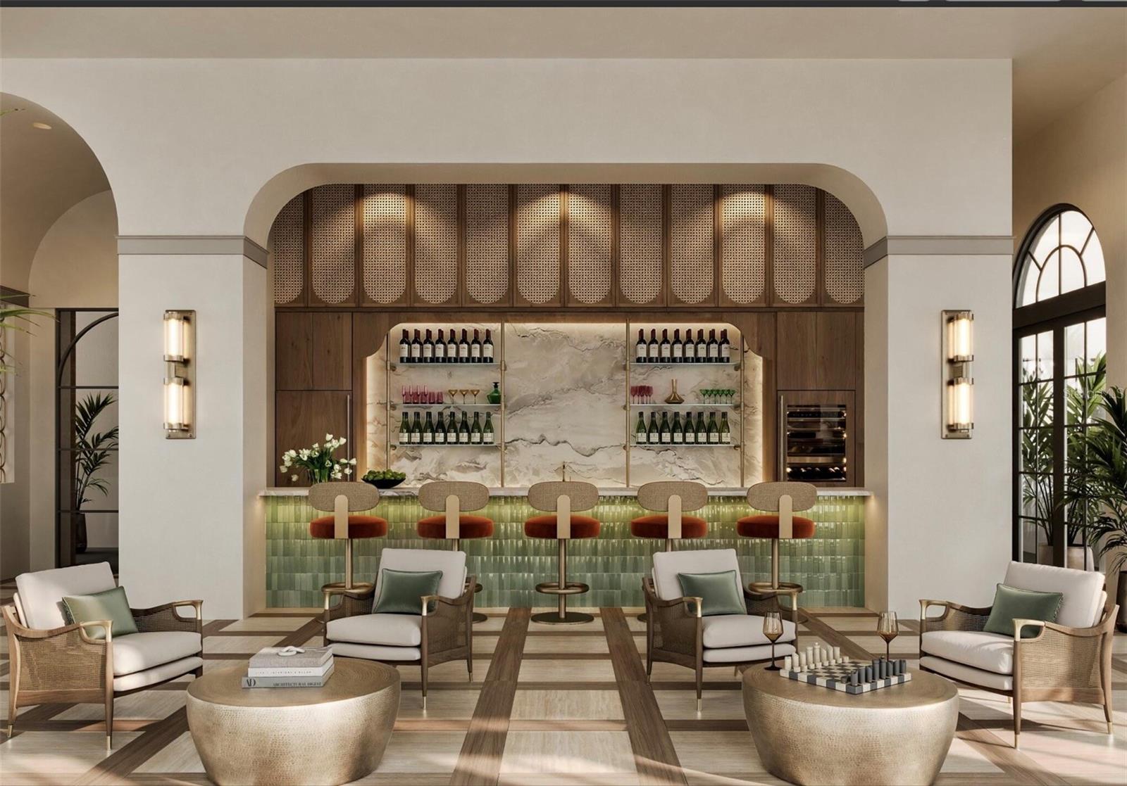 The Owner’s Lounge at Mira Mar features a beautifully designed gathering space with an elegant bar area, offering residents a sophisticated setting to relax, socialize, and entertain.