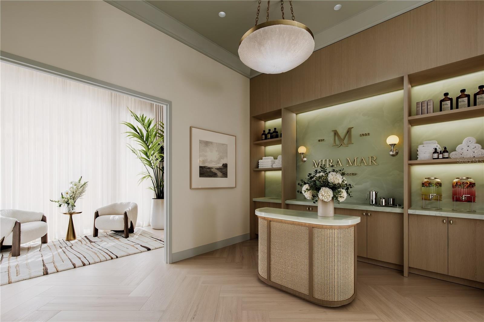 The Wellness Center lobby at Mira Mar offers a refined and welcoming entry to the building’s fitness and wellness amenities, thoughtfully designed with elegant finishes and a calm, restorative atmosphere.