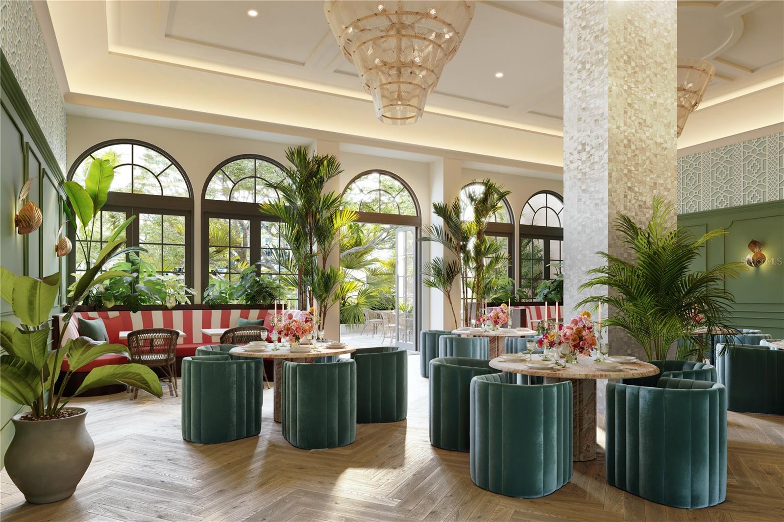 The Garden Room at Mira Mar offers an elegant gathering space overlooking the terrace, complete with a catering kitchen designed to host intimate events and elevated entering for our residents and their guests.
