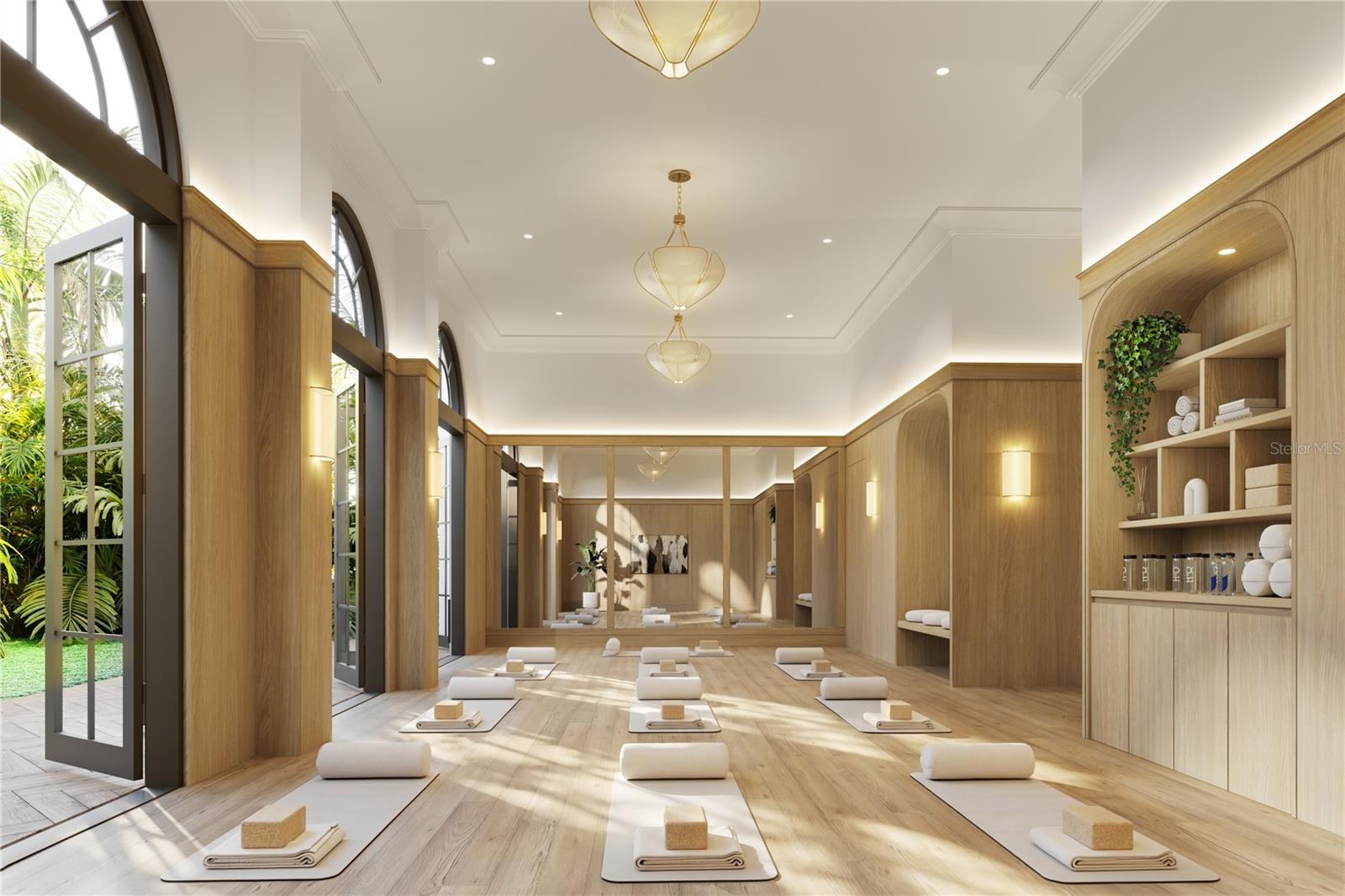 The Movement Studio at Mira Mar offers a beautifully designed wellness space for yoga, stretching, and fitness, creating a serene environment for residents to focus on health and wellness amenities-being.