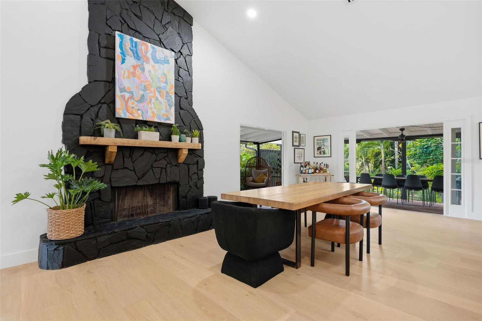 wood burning stone fireplace
