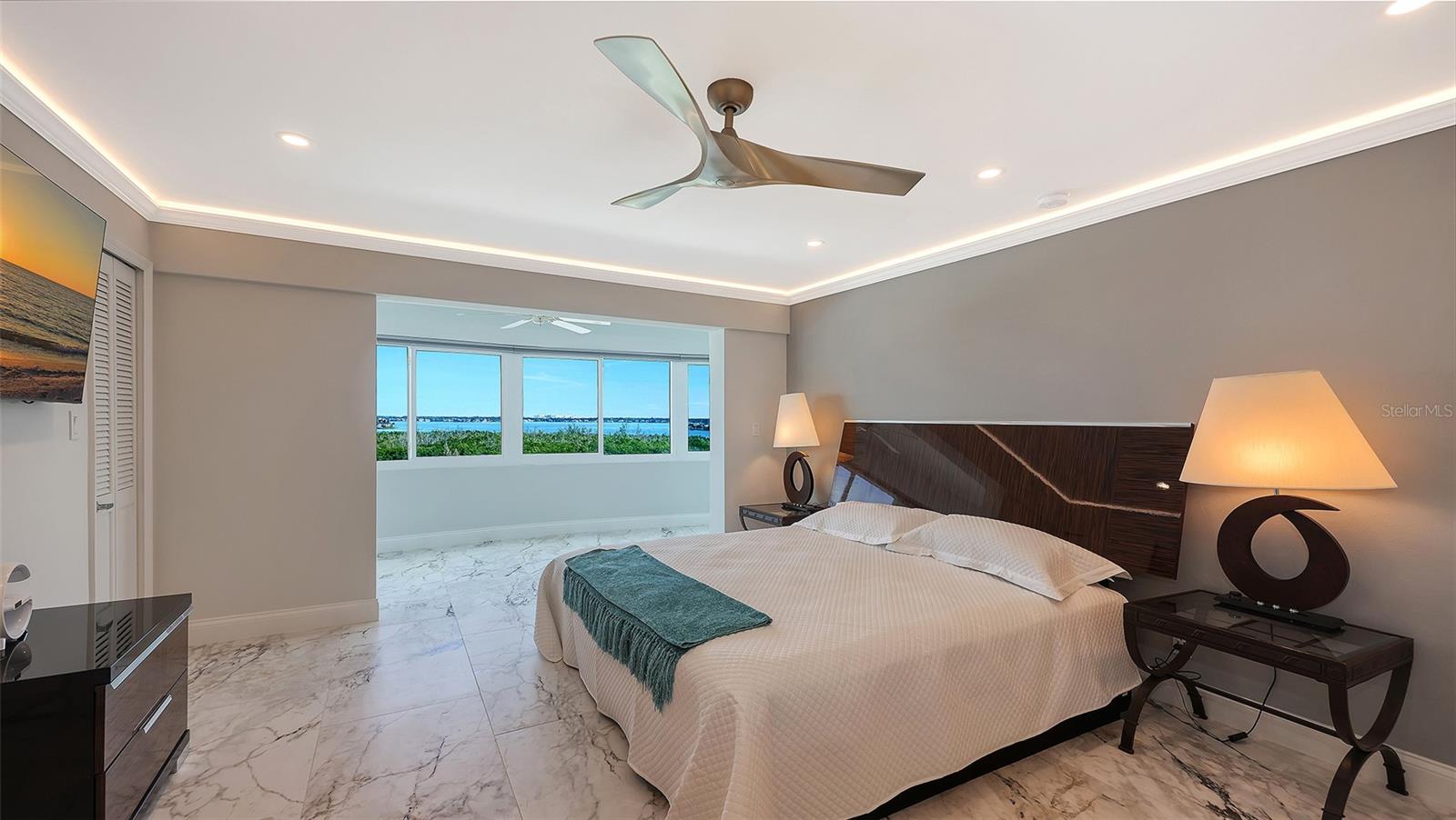 Primary Bedroom with views of Sarasota Bay and Downtown Sarasota