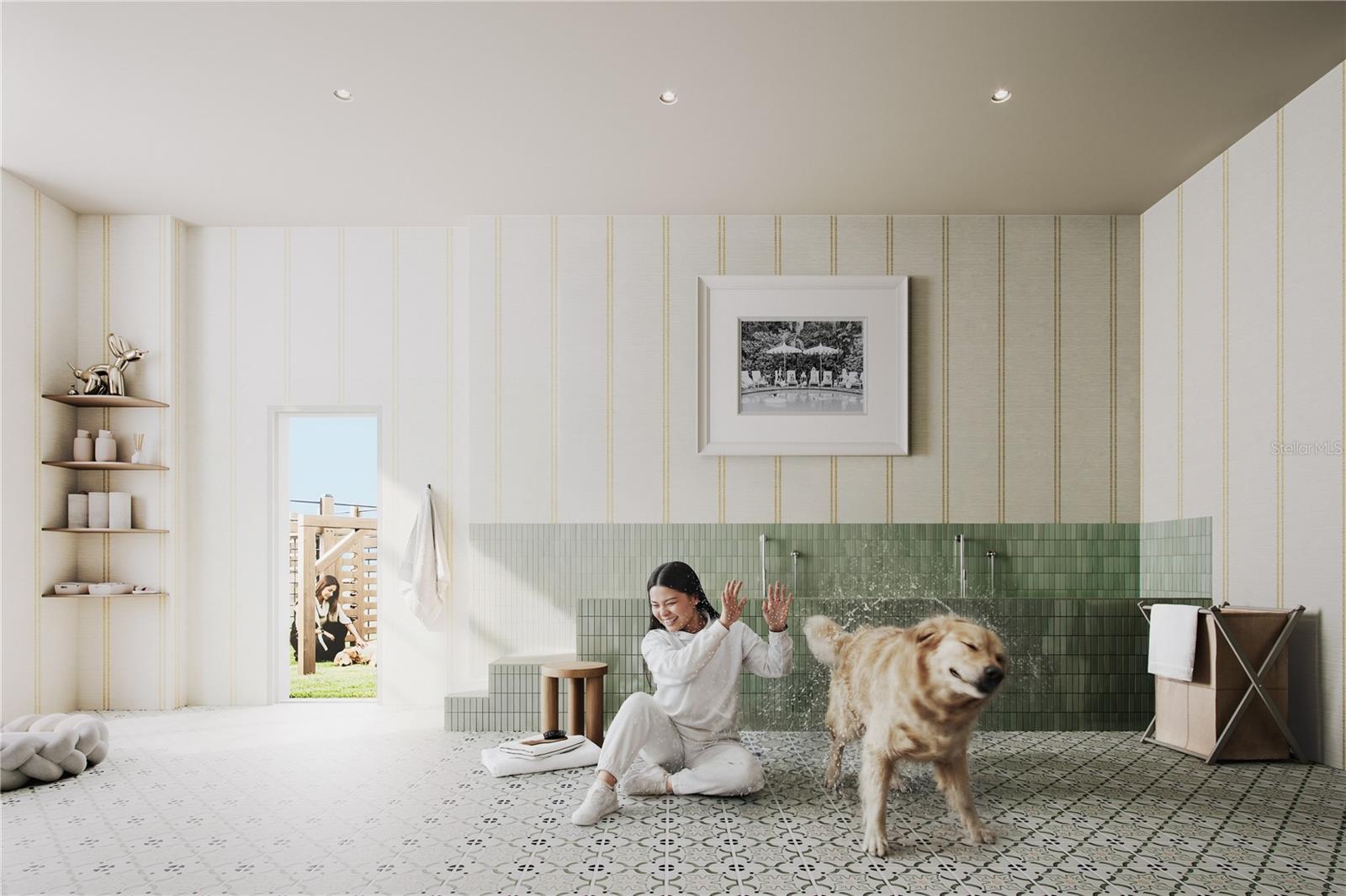 Pet-friendly living at its finest - dedicated dog wash station designed for convenience and care, opening directly to the dog run area for easy access after outdoor play.