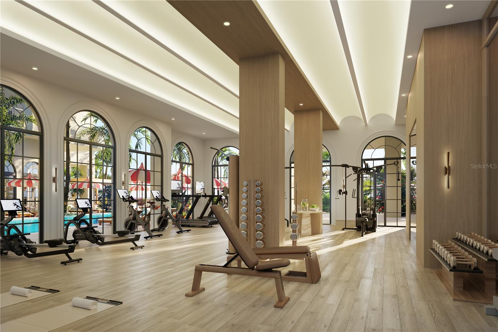 State-of-the-art fitness center with views overlooking the pool deck.