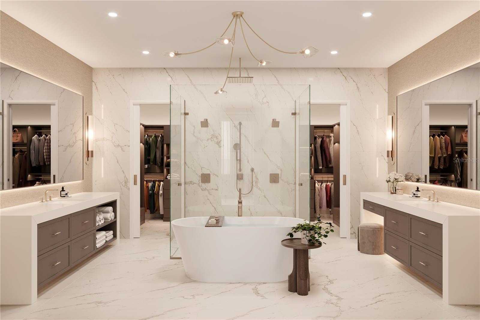 Primary bathroom offers dual water closets, sinks, and built out walk in closet. Renderings and plans are conceptual and provided for illustrative purposes only, with final design, materials, and specifications subject to change without notice.