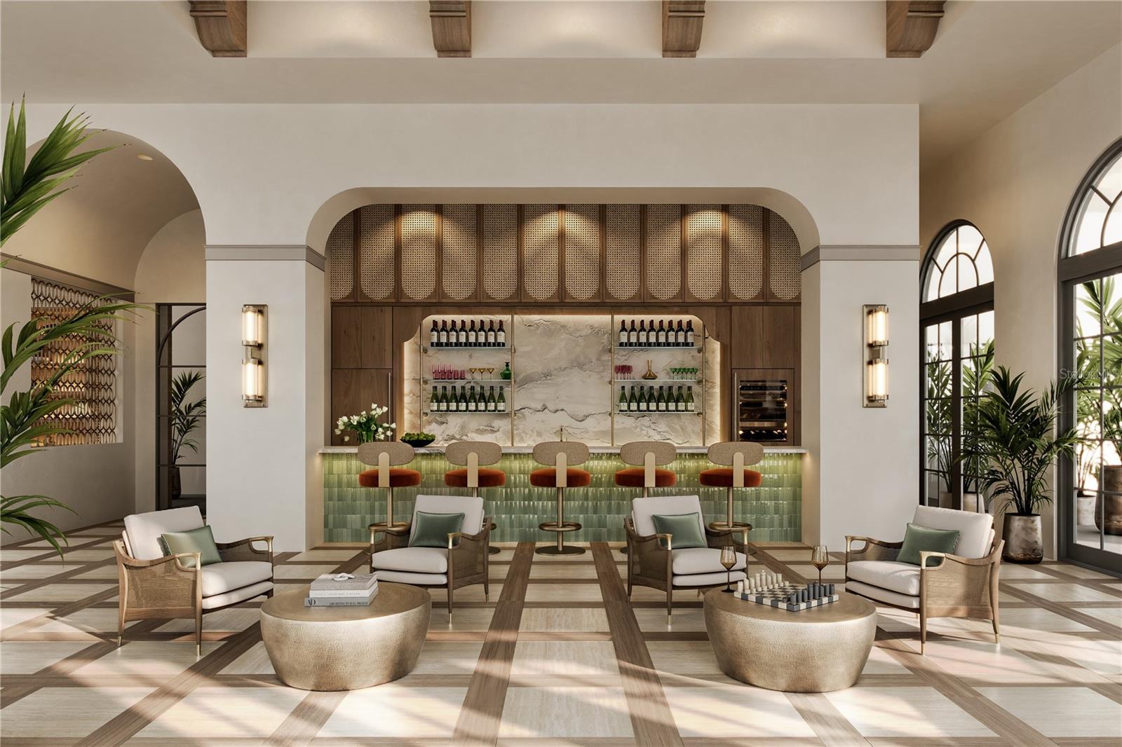 The Owner’s Lounge at Mira Mar features a beautifully designed gathering space with an elegant space and bar area, offering residents a sophisticated setting to relax, socialize, and entertain.