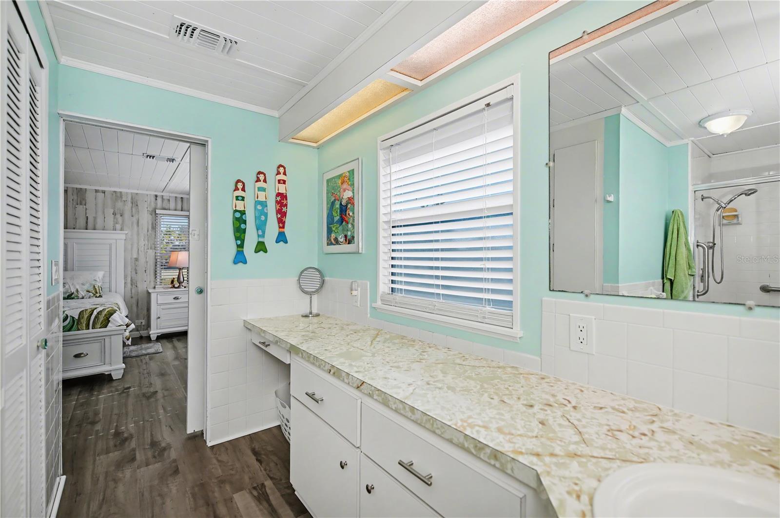 A lot of counter space in the totally new primary bathroom.