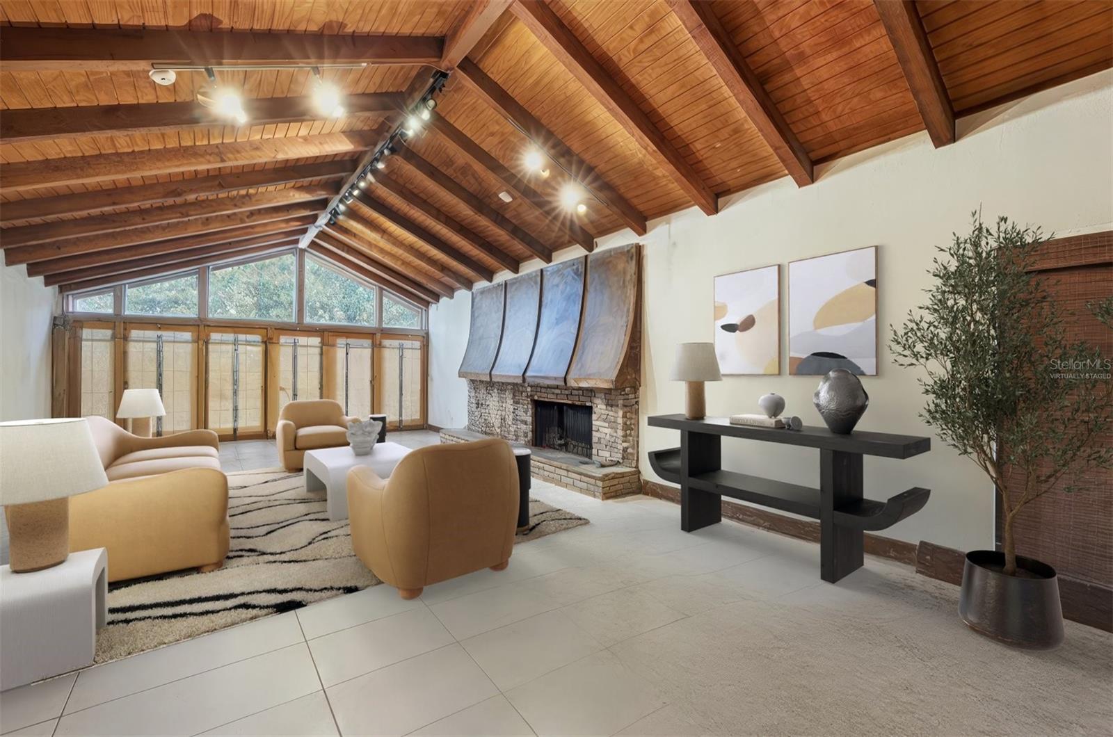 VIRTUALLY STAGED: Family Room with Cathedral Ceiling and Copper Hood Fireplace