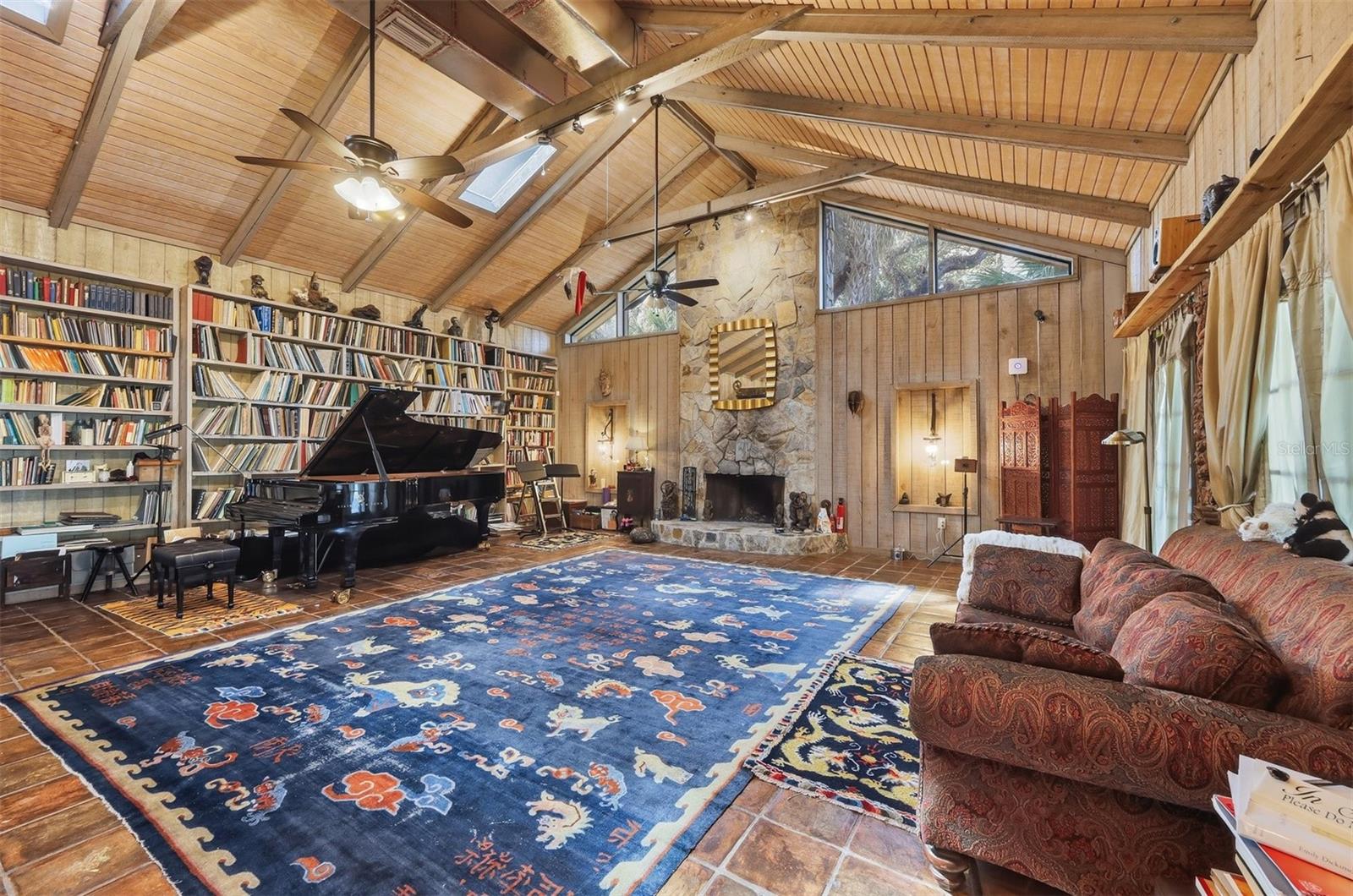 Cathedral Ceiling in Guest House w/Floor to Ceiling Stone Masonry Fireplace