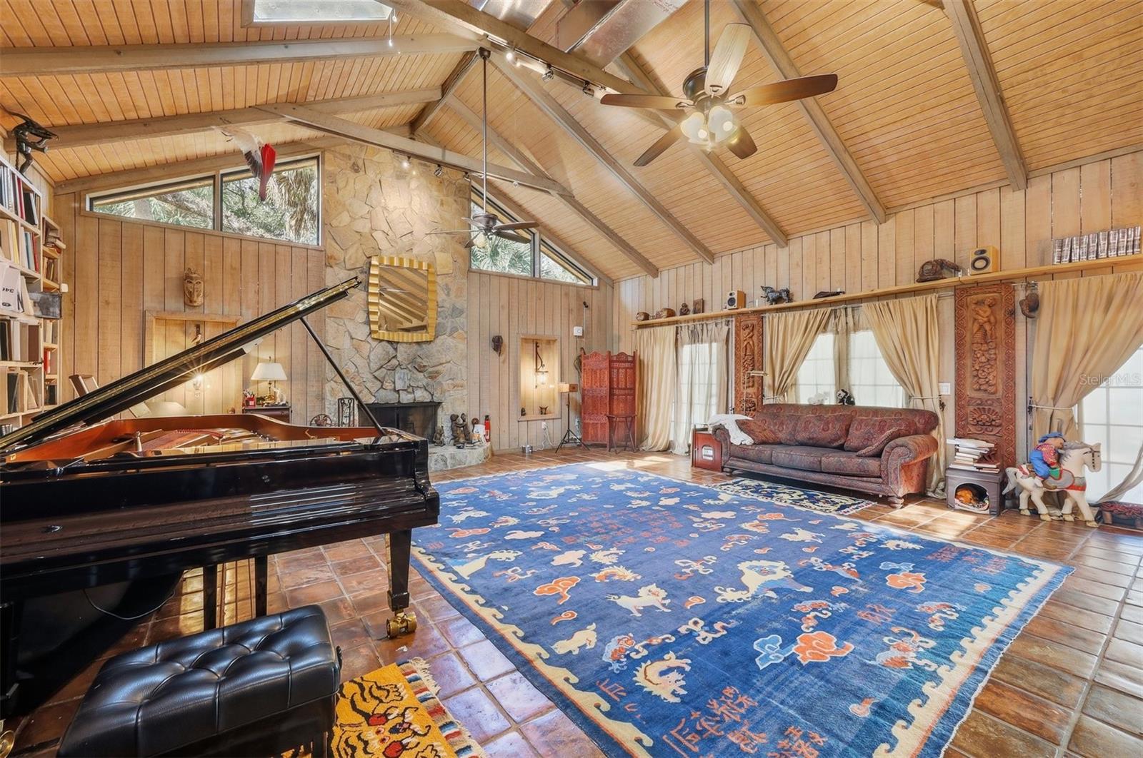 Cathedral Ceiling in Guest House w/Floor to Ceiling Stone Masonry Fireplace