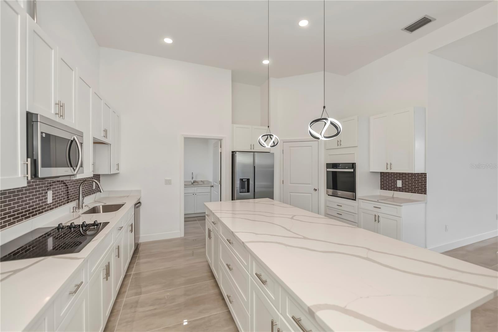 Chef's Kitchen with Oversized Quartz Waterfall Island.