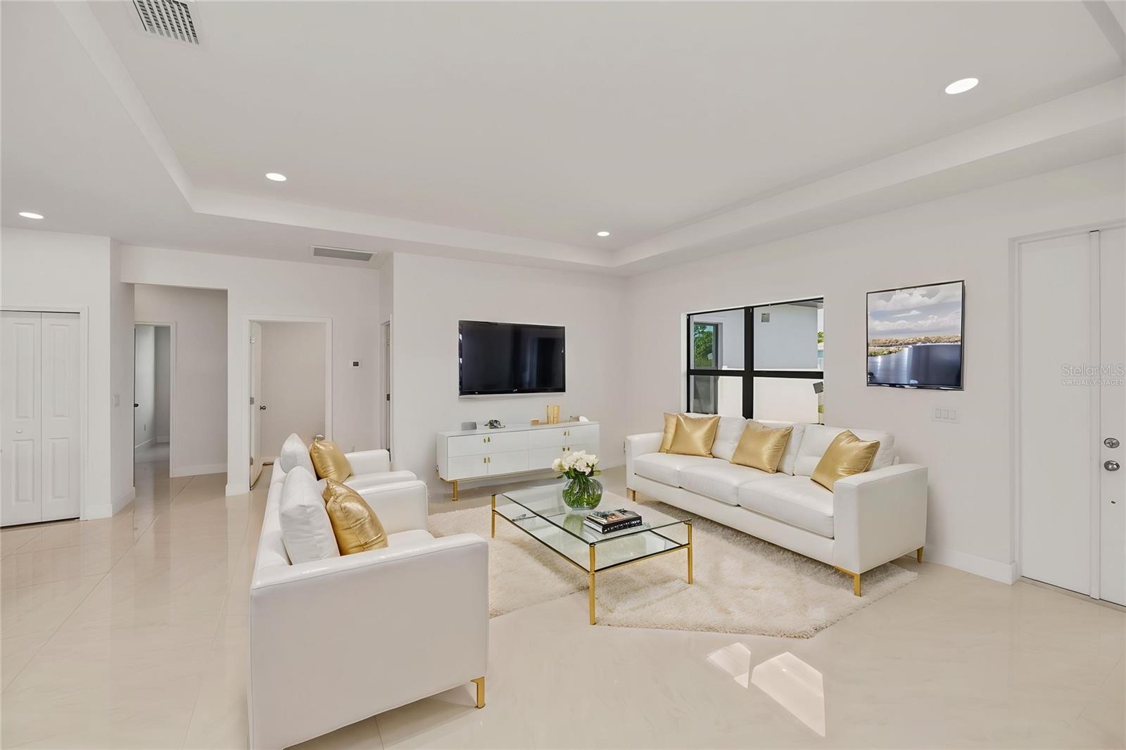 Virtually Staged Living Room with Tray Ceiling.
