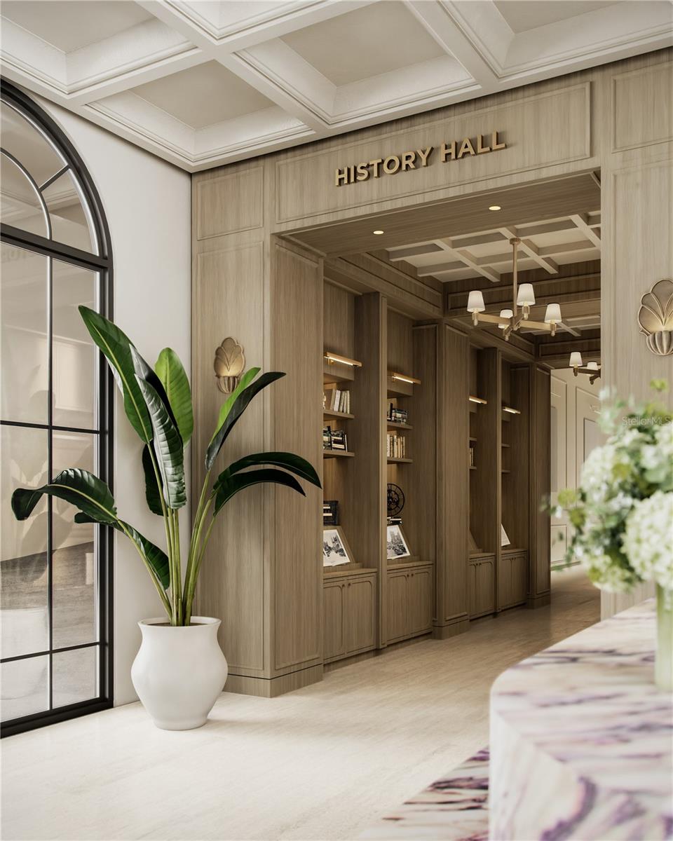 History Hall in the grand lobby showcasing antiques and one-of-a-kind pieces celebrating Mira Mar’s storied legacy.