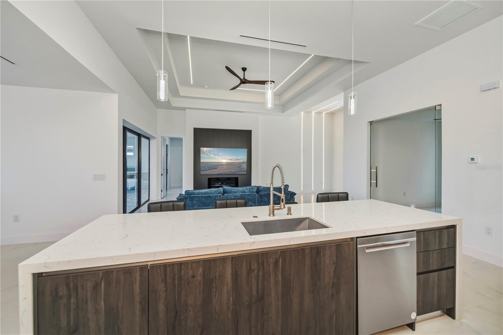 Waterfall Island and Quartz Countertops.