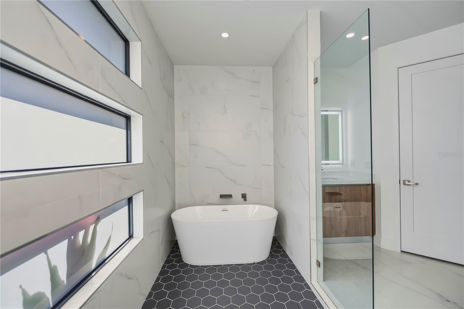 Walk-In Shower, Free Standing Tub with Glass Enclosure.