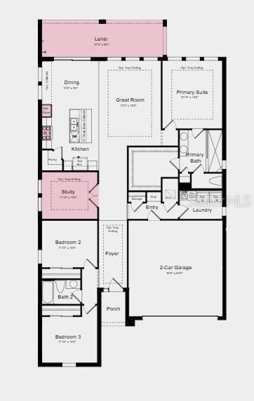 Floor Plan ~ Additional Highlights Include: an extended covered lanai with an outdoor kitchen rough-in, gourmet kitchen, a study in place of a flex room, impact windows throughout the home, and sliding glass door in the great room