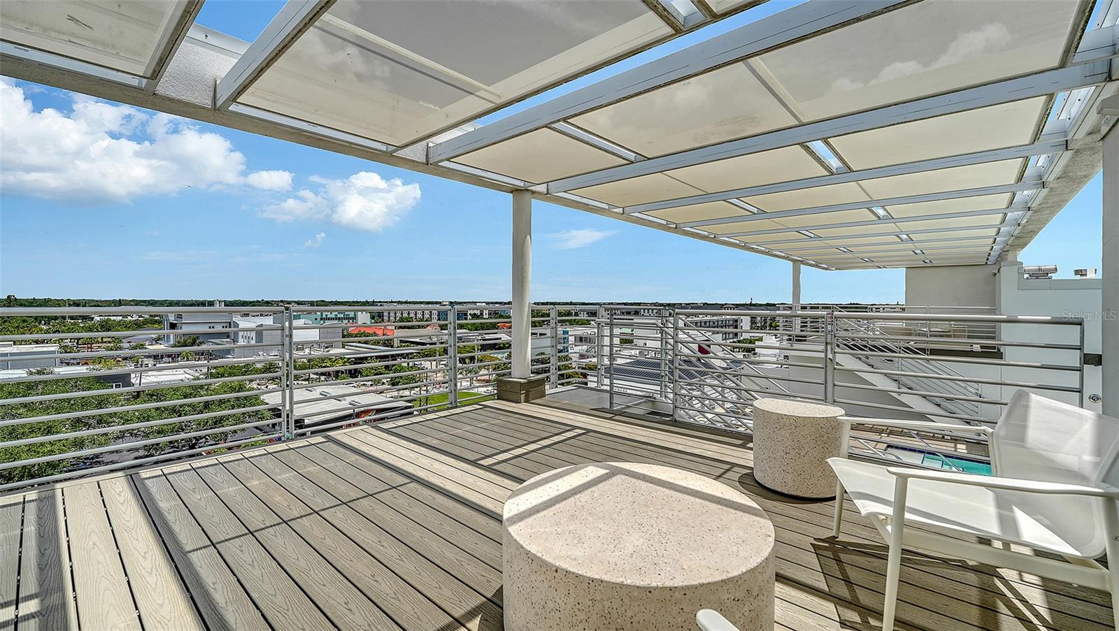 Two shaded rooftop lounge areas for relaxation and social gatherings.