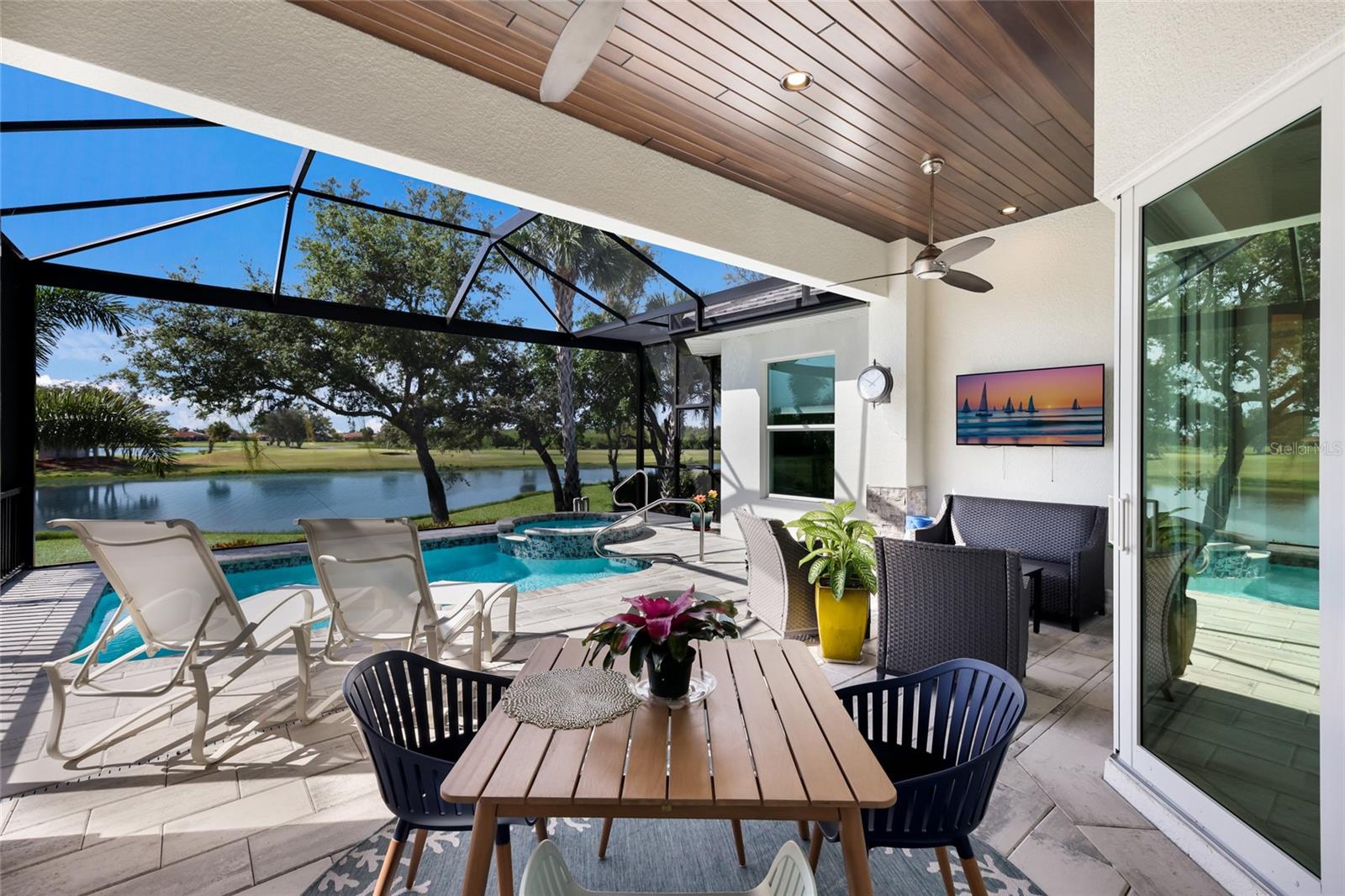 Warm wood-plank lanai ceiling