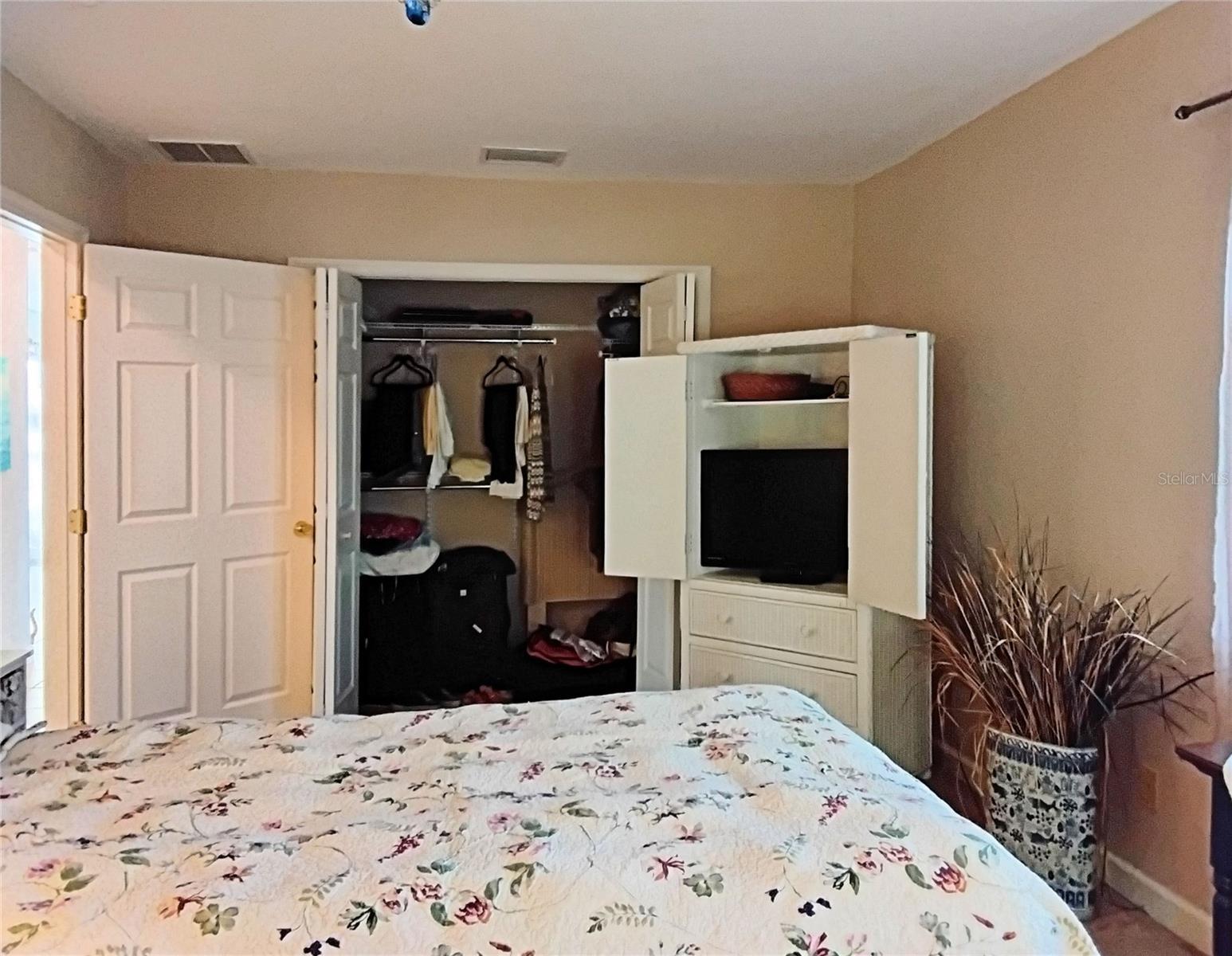Large closet and television cabinet in primary bedroom