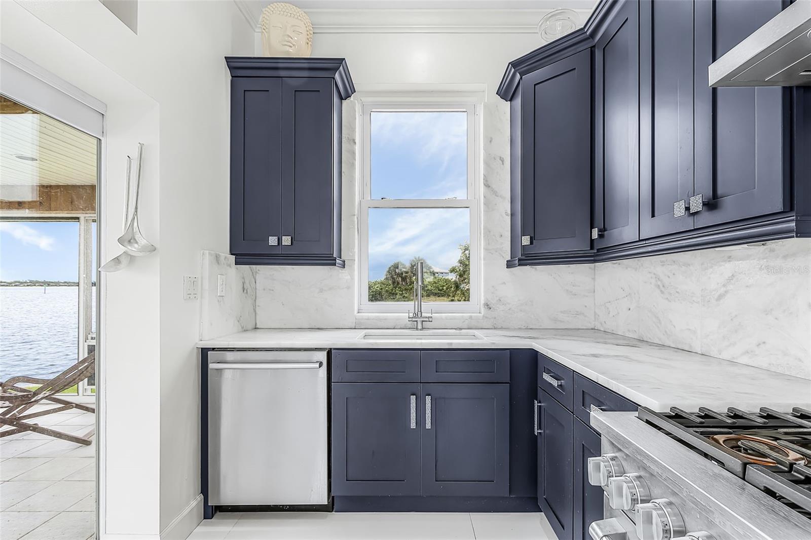 Kitchen with windows overlooking the canal.