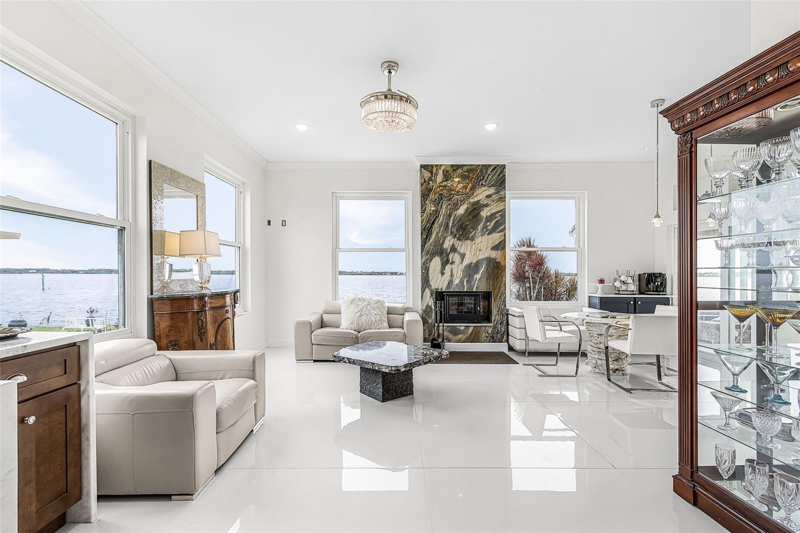 Living room with river views through the windows