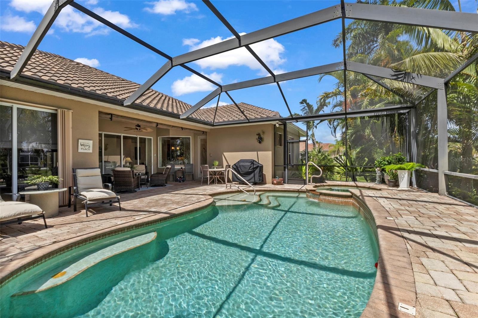 Impressive paver deck goes all the way to the under truss seating area