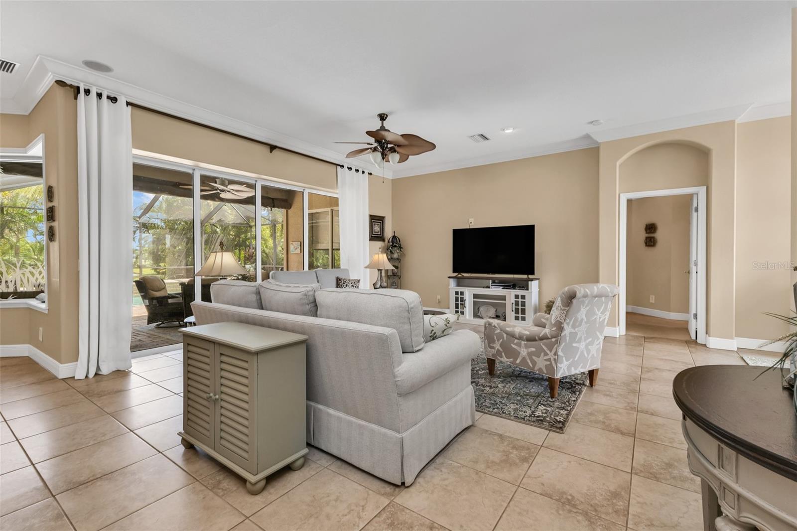 Great Room, Tile Flooring and 10 Ft Ceilings
