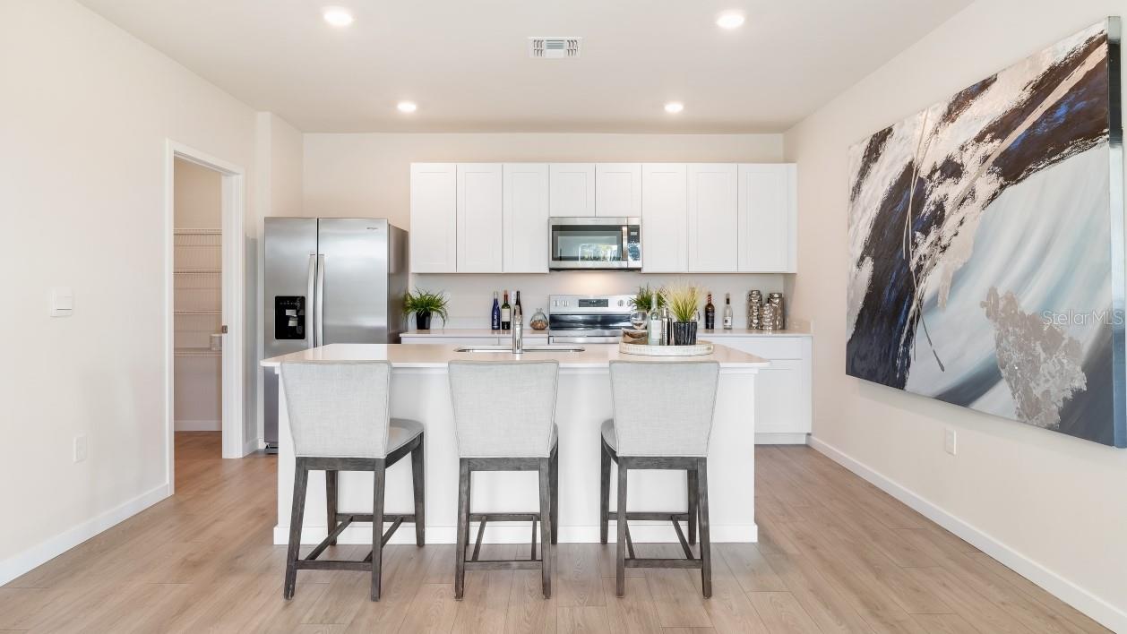 Inside of the kitchen. Stainless steel appliances, quartz countertops, walk-in corner pantry.