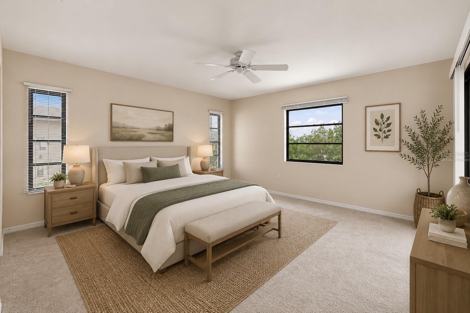 Virtually Staged Primary Bedroom with Direct Access to Patio