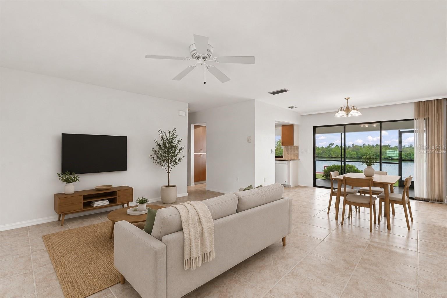 Virtually Staged Open Living Area with Water Views