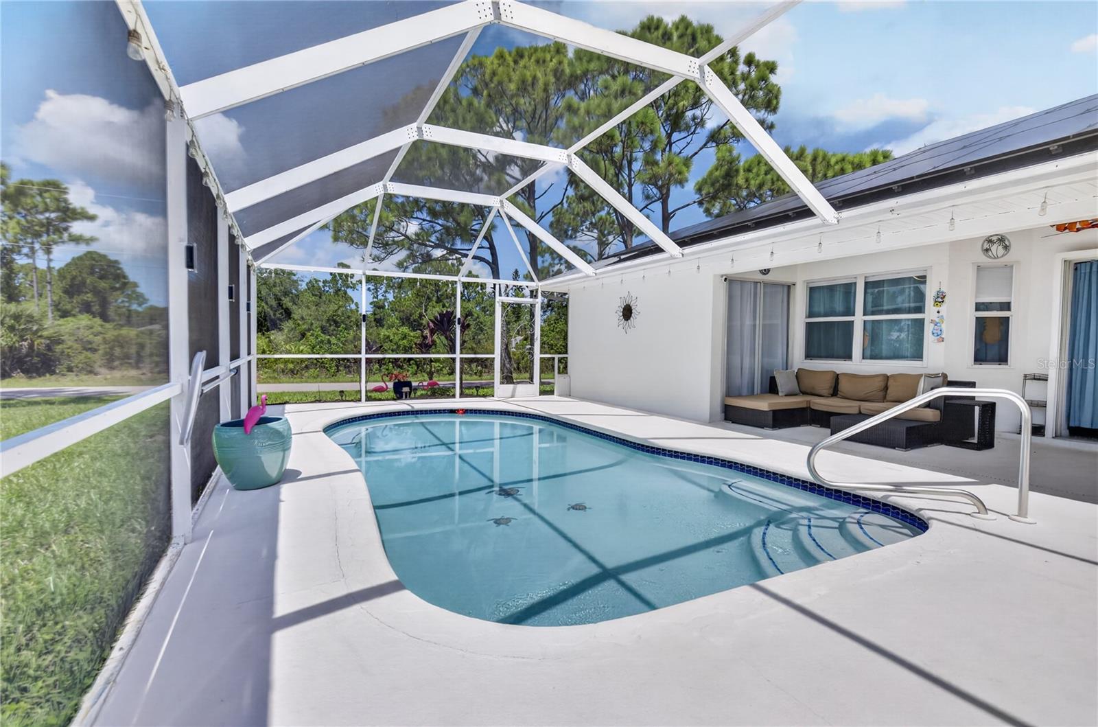 Heated saltwater pool.