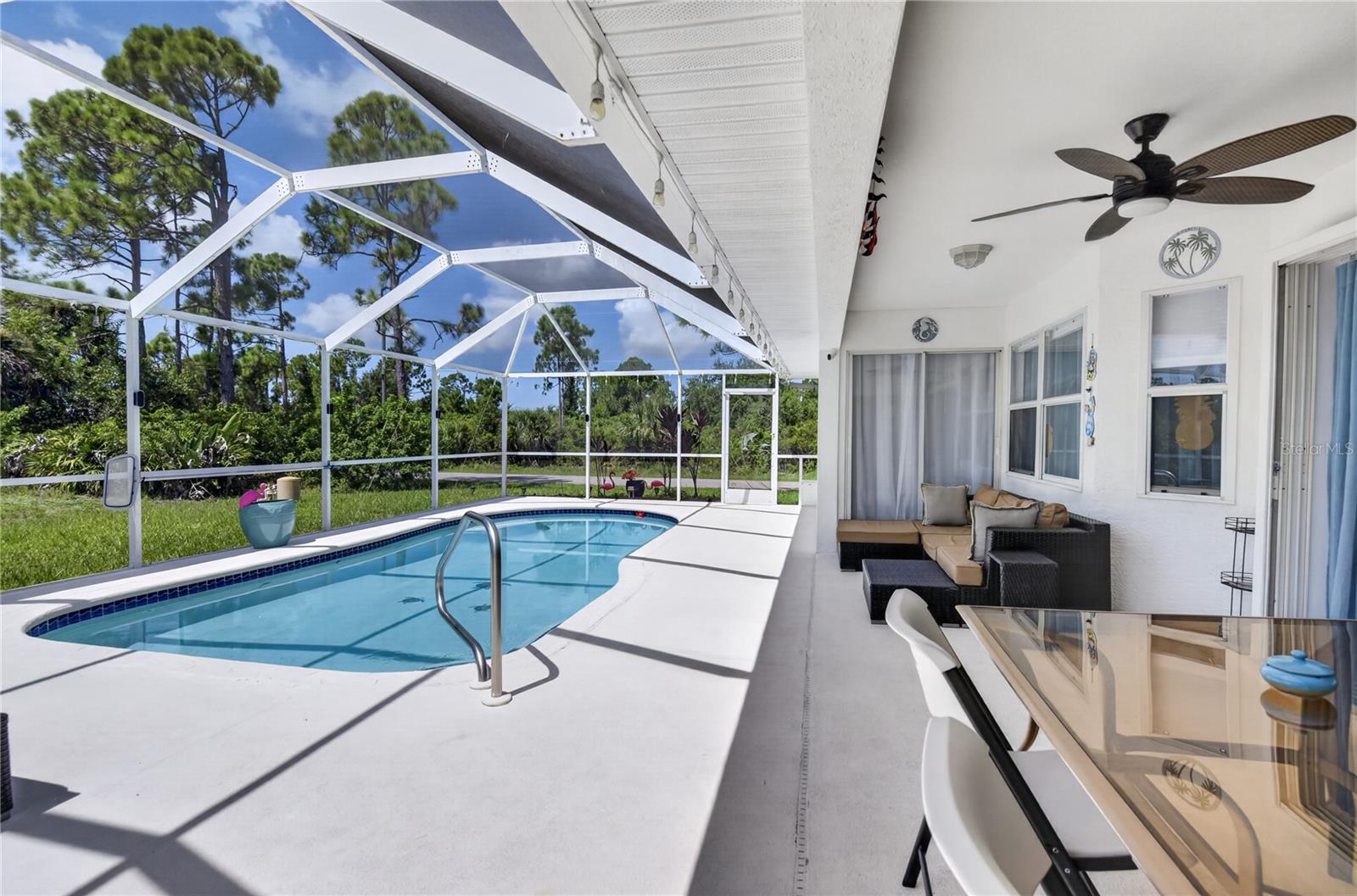 Heated saltwater pool.