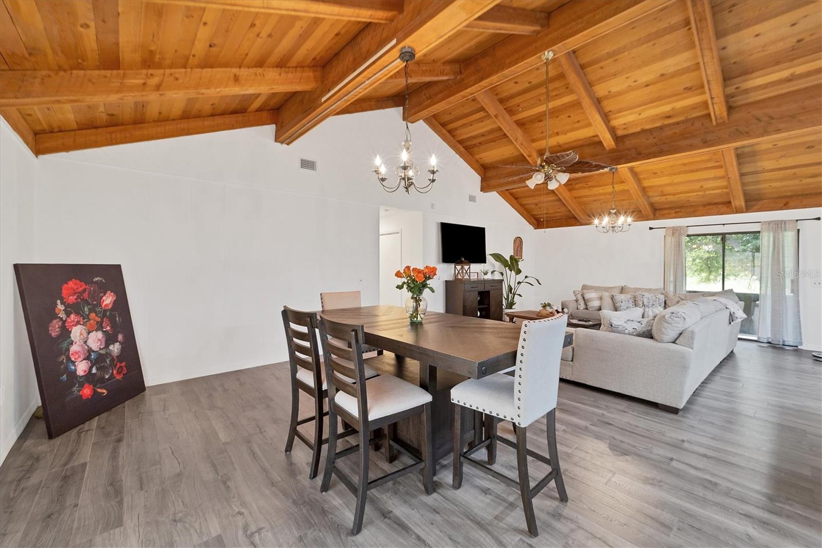 Dining area and wood ceiling