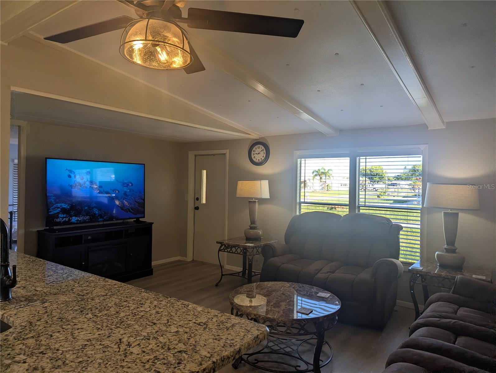 Living Room Vaulted Ceiling with Beams