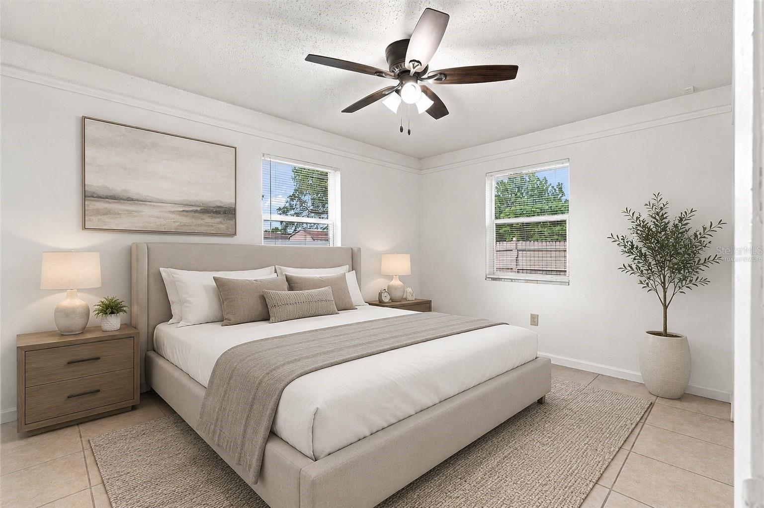 Virtually Staged Primary Bedroom with Dual Windows